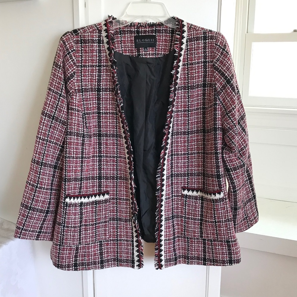 ELOQUII Plaid Blazer Embroidered with Fringe Detail 1X Women’s Plus Size 18